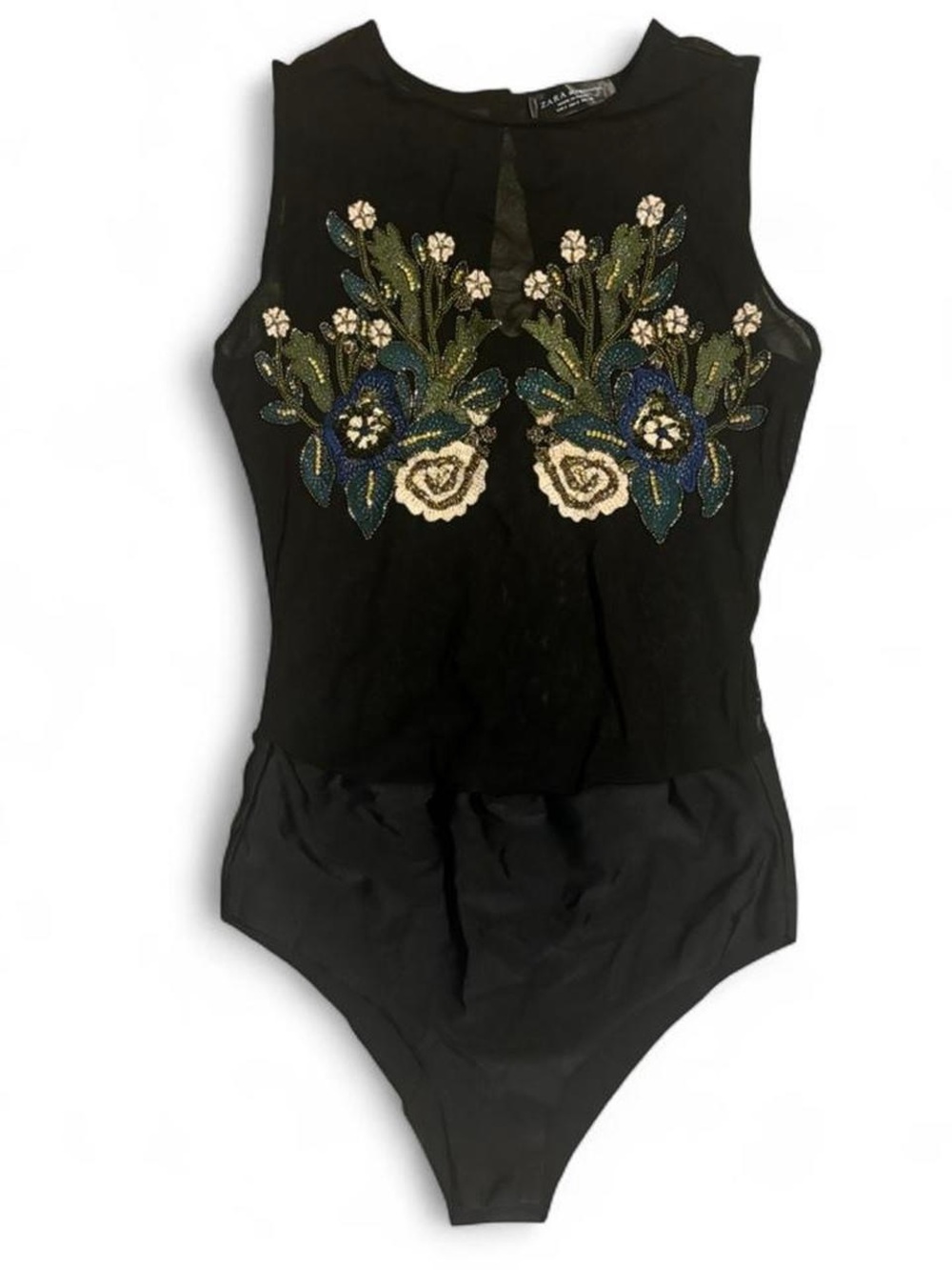 Zara Black Beaded Floral Mesh Bodysuit